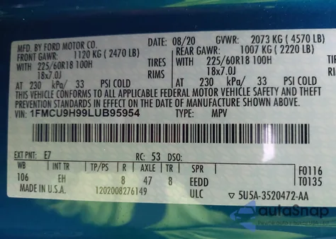 2020 Ford Escape Sel from USA, damaged, VIN 1FMCU9H99LUB95954